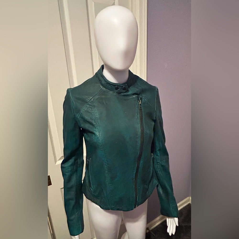 Free People Teal Green Leather Moto Jacket